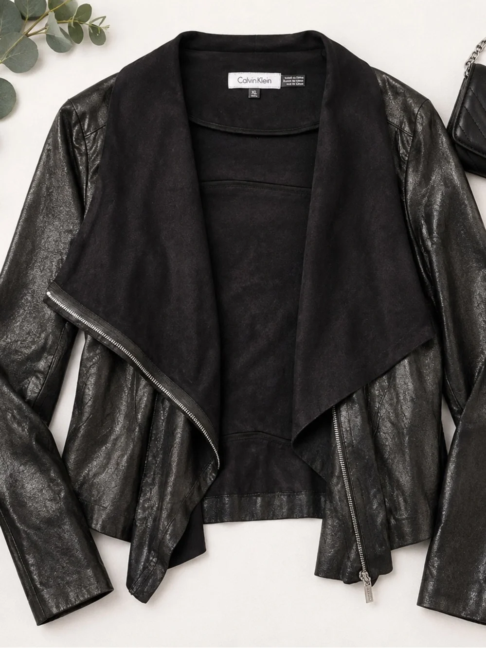 Calvin Klein Black Faux-Leather Draped Open-Front Jacket